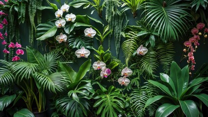 Poster - Lush Vertical Garden Wall Featuring Diverse Green Plants and Vibrant Orchids in a Tropical Setting for Indoor Decor and Nature Aesthetics