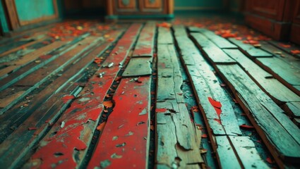 Poster - Weathered wooden floor with peeling paint and scattered leaves depicting vintage charm and decay in an old interior setting.
