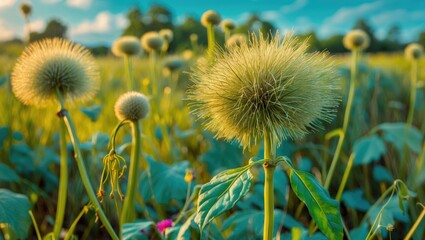 Poster - Burdock Plant Flowering in Summer Sunlight with Lush Green Background and Blue Sky in a Natural Field Setting