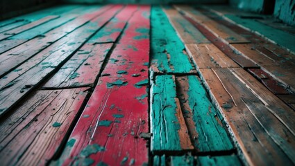 Poster - Aged wooden floor planks with vibrant colors and peeling paint, showcasing rustic charm and historical texture in an indoor setting.
