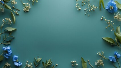 Poster - Elegant blu-green backdrop adorned with delicate flowers and foliage for a stylish and tranquil design aesthetic.