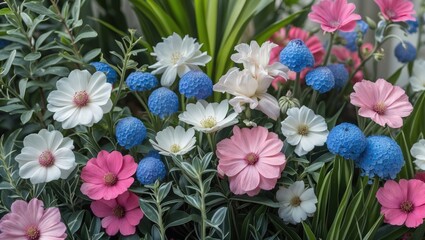 Poster - Colorful arrangement of pink white and blue flowers amidst lush green plants showcasing vibrant natural beauty in a garden setting.