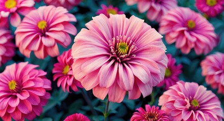 Poster - vibrant pink zinnia flowers in full bloom showcasing their lush petals against a contrasting backgro