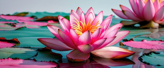 Poster - Vibrant pink water lily flower blooming on serene water surface surrounded by lush green leaves in tranquil nature setting.