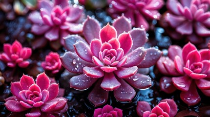 Poster - Vibrant pink succulent plants adorned with water droplets in a close-up showcasing their intricate textures and natural beauty.