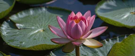 Poster - Pink Waterlily Blossom Above Lush Green Leaves in Tranquil Rainforest Setting Close-Up with Soft Selective Focus.