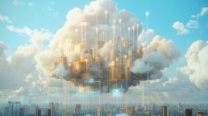 Poster - Cloud city computing, data streams, cityscape background; tech illustration