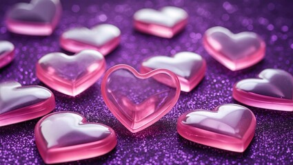 Wall Mural - Pink transparent heart shapes scattered on a shimmering purple glitter background, perfect for romantic or whimsical designs.