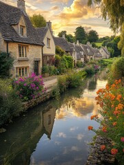 Leinwandbilder - Charming riverside village with stone cottages and colorful flowers during sunset. Generative AI
