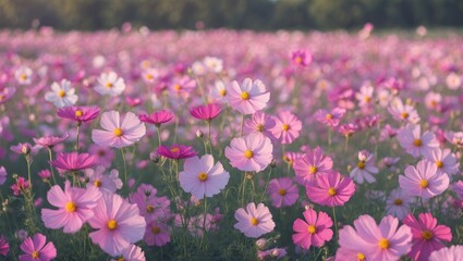 Poster - Vibrant Pink Cosmos Flower Field with Soft Focus and Copy Space for Text in a Romantic and Serene Nature Setting