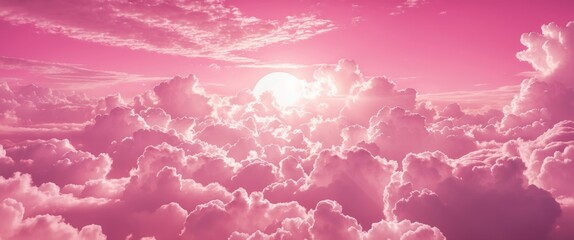Poster - Ethereal pink sky with fluffy white clouds and soft sun rays creating a serene and dreamy atmosphere for backgrounds and designs.
