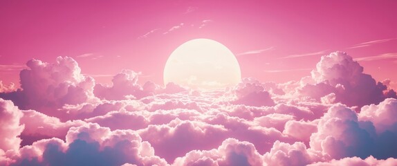 Poster - Serene pink sky with fluffy white clouds and a radiant sun casting soft light above a dreamy landscape.