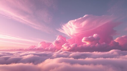Poster - Serene pink clouds floating in a soft twilight sky creating a dreamy atmosphere over a blurred background of gentle hues.