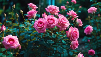 Poster - Vibrant pink roses blooming in a lush garden with selective focus showcasing their delicate petals and rich green foliage