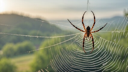 Spider suspended in intricate web with a serene natural landscape in the background during sunrise or sunset showcasing biodiversity.