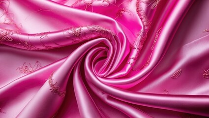 Poster - Luxurious pink satin fabric with intricate embroidery swirling in a vibrant, textured background ideal for fashion or interior design projects