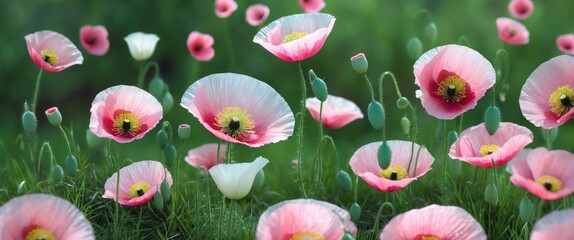 Poster - Colorful Poppies Blooming in Lush Green Grass with Empty Space for Text Ideal for Nature and Floral Backgrounds