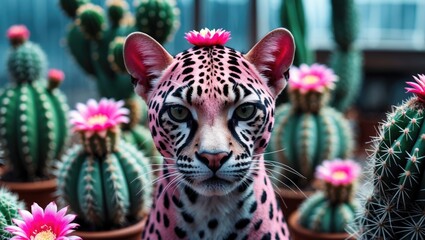 Poster - Vibrant Pink Panther Cactus with Exotic Leopard Surrounded by Colorful Flowers in a Lush Greenhouse Setting. Ideal for Nature and Art Themes.