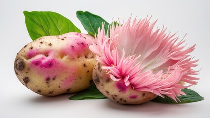Poster - Potato with Pink Flowers and Green Leaves on a White Background Showcasing Unique Natural Beauty and Creative Artistic Arrangement