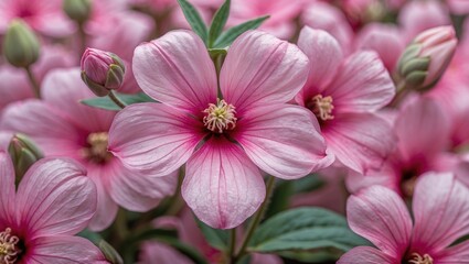 Poster - Delicate Close-Up of Pink Opium Flowers with Soft Petals and Green Leaves in Blooming Seasonal Garden Setting