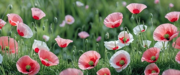 Poster - Vibrant field of pink and white poppies in full bloom surrounded by lush green grass with space for text and design elements.