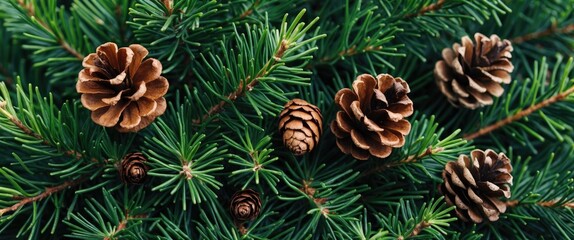 Sticker - Spruce Tree Needles With Pine Cones Close Up Natural Forest Background Rustic Aesthetic for Nature Inspired Design and Decoration