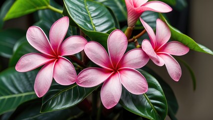 Poster - Vibrant Pink Plumeria Flowers Surrounded by Rich Green Leaves in Bright Natural Light
