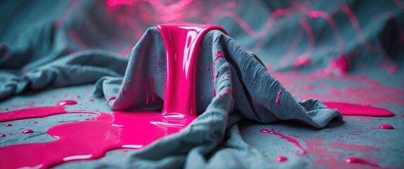 Poster - Abstract pink paint flowing on wrinkled gray fabric creating a vibrant artistic background with vivid color contrast and texture.