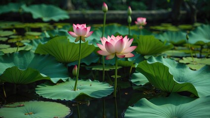 Poster - Serene pond scene featuring vibrant pink lotus flowers blooming amidst lush green leaves under soft natural light.