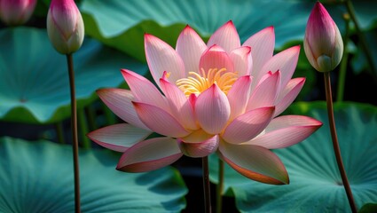 Poster - Graceful pink lotus flower in bloom surrounded by green leaves showcasing nature's beauty and tranquility in a serene water garden setting.