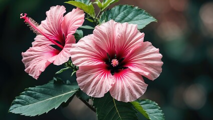 Poster - Pink Hibiscus Flowers with Lush Green Leaves in a Natural Setting Symbolizing Tropical Beauty and Vibrant Colors