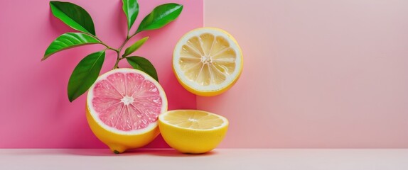 Poster - Fresh Citrus Fruits Composition with Pink Lemon and Yellow Lemon Halves on a Soft Colored Background Ideal for Creative Copy Space