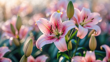 Poster - Elegant Pink Lily in Soft Natural Light with Blurred Background and Space for Text or Branding