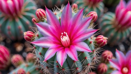 Poster - Vibrant Pink Mammillaria Boolii Cactus Flower in Macro View with Stunning Petals and Buds, Capturing Nature's Beauty in Detail