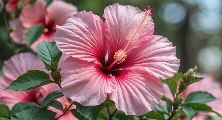 Poster - Pink Hibiscus Flower Image Showcasing Ornamental Beauty With Herbal Properties Featuring Lush Green Leaves And Space For Text Addition