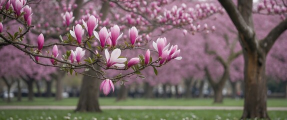 Poster - Blossoming pink magnolia flowers in a vibrant park landscape during spring with lush greenery and colorful trees in the background