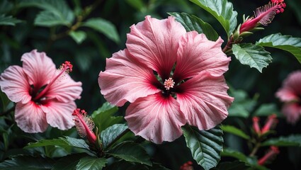 Poster - Vibrant Pink Hibiscus Flowers with Lush Green Leaves in a Natural Garden Setting