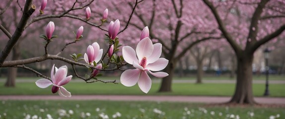 Poster - Blooming pink magnolia flowers in a lush green park showcasing nature's beauty during springtime serenity.