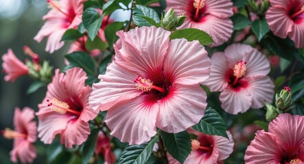 Poster - Delicate pink hibiscus flowers in full bloom surrounded by green leaves with ample empty space for text or captions in a serene garden setting.