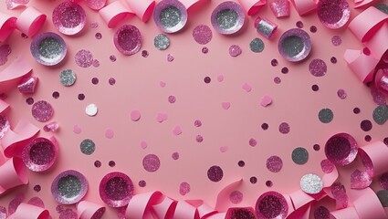 Poster - Pink glitter confetti and paper cuttings on a light pink background perfect for celebrations and festive invitations.
