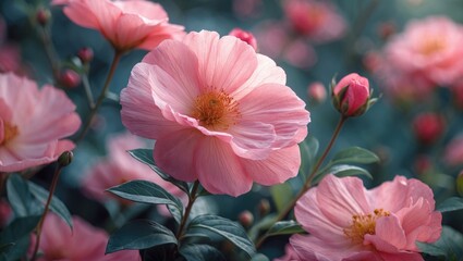 Poster - Delicate pink flowers blooming in a lush garden showcasing natural beauty and tranquility in a vibrant outdoor setting.
