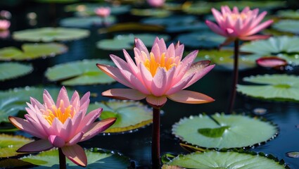 Poster - Blooming Pink Water Lilies Surrounded By Green Leaves On Still Water Surface In Summer Garden Setting