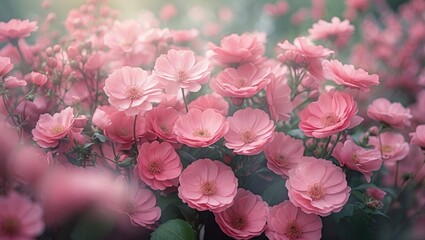 Poster - Delicate pink blossoms in lush greenery creating a serene and enchanting floral landscape ideal for nature-themed projects.