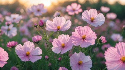 Poster - Vibrant Pink Cosmos Flowers Blooming in Morning Light Creating a Picturesque Garden Scene