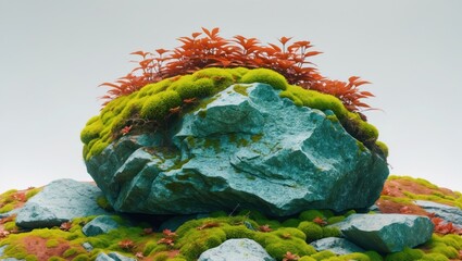 Sticker - Moss-covered stone with vibrant foliage on top showcasing nature's beauty and textures against a clean white background.