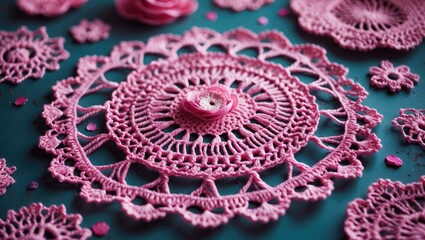 Poster - Delicate pink crochet doilies arranged artistically on a teal background showcasing intricate craftsmanship and design elements.