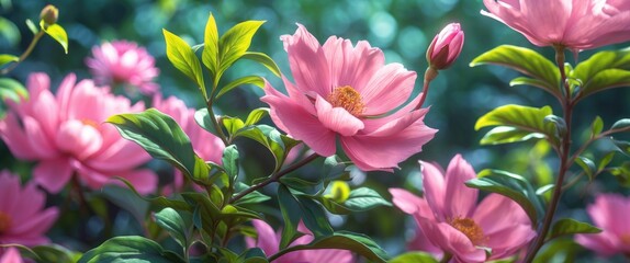 Poster - Vibrant Pink Flowers Surrounded by Lush Green Leaves Against a Soft Focus Background Ideal for Nature-Themed Designs and Text Space
