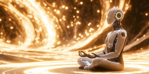 Poster - A serene robot meditating in a cosmic space filled with golden swirls. This image conveys tranquility and futuristic peace. It showcases a digital art style. AI