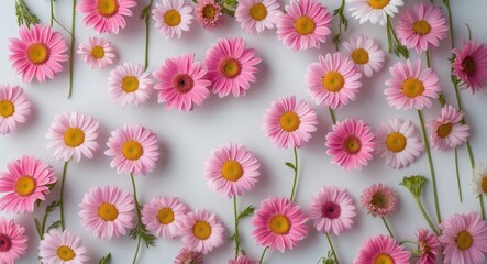 Poster - Vibrant Pink Daisies Spread Across White Background with Ample Space for Custom Text and Designs