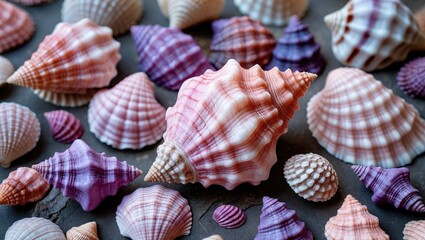 Poster - Variety of Pink and Purple Seashells on Dark Background Decorative Coastal Elements